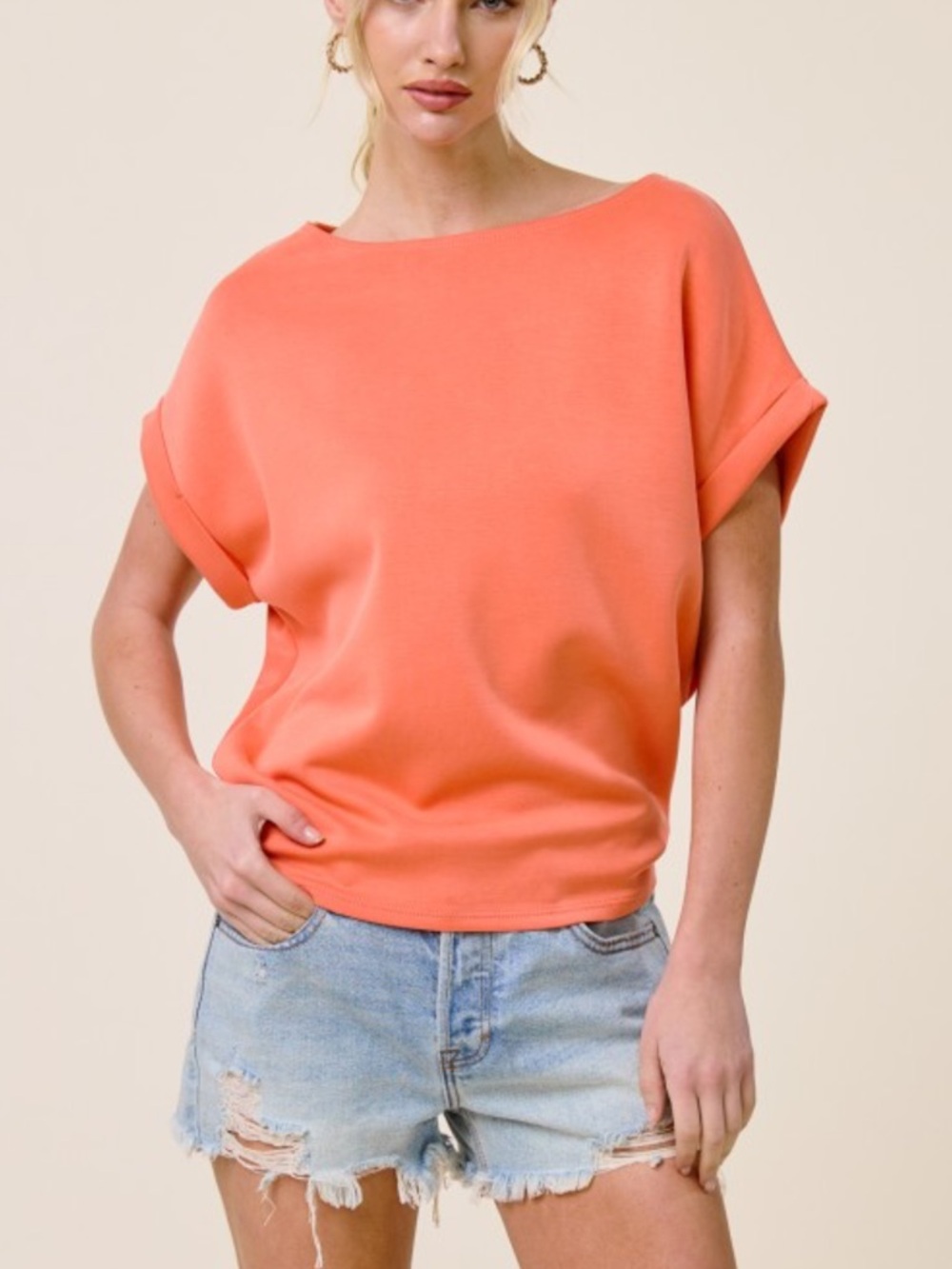 Women's Coral Modal Scuba Short Sleeve Cuff Sleeve Top NEW - Sz large